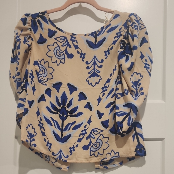 Sienna Sky Tops - Sienna Sky Blue and Cream Puff Sleeve Blouse